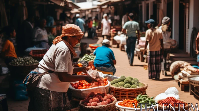 Vibrant Alleyway Market with Woman Selling Fruit and Vegetables | Nikon D850 AI Image
