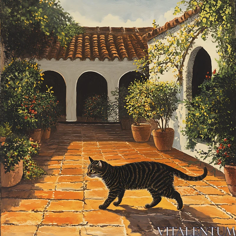 AI ART Cat Strolling in Sunlit Courtyard