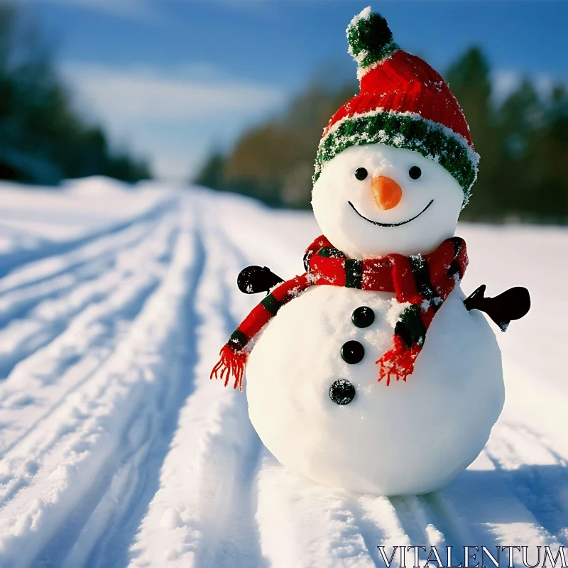 Cheerful Snowman in Scenic Winter Landscape AI Image