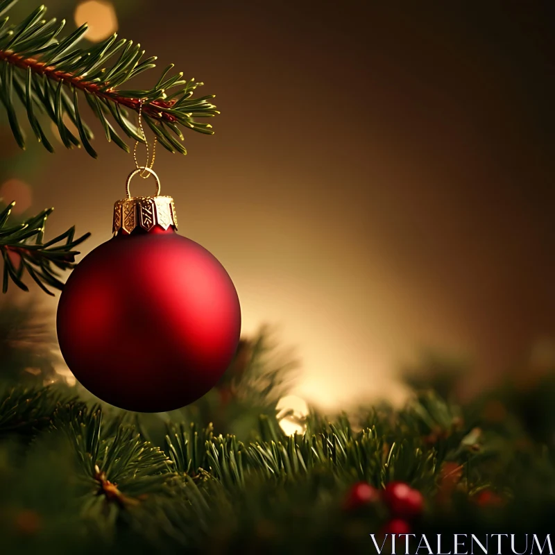 Red Christmas Decoration Hanging on Pine Tree AI Image