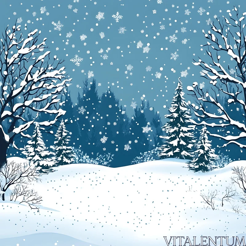 Peaceful Winter Forest with Falling Snowflakes AI Image