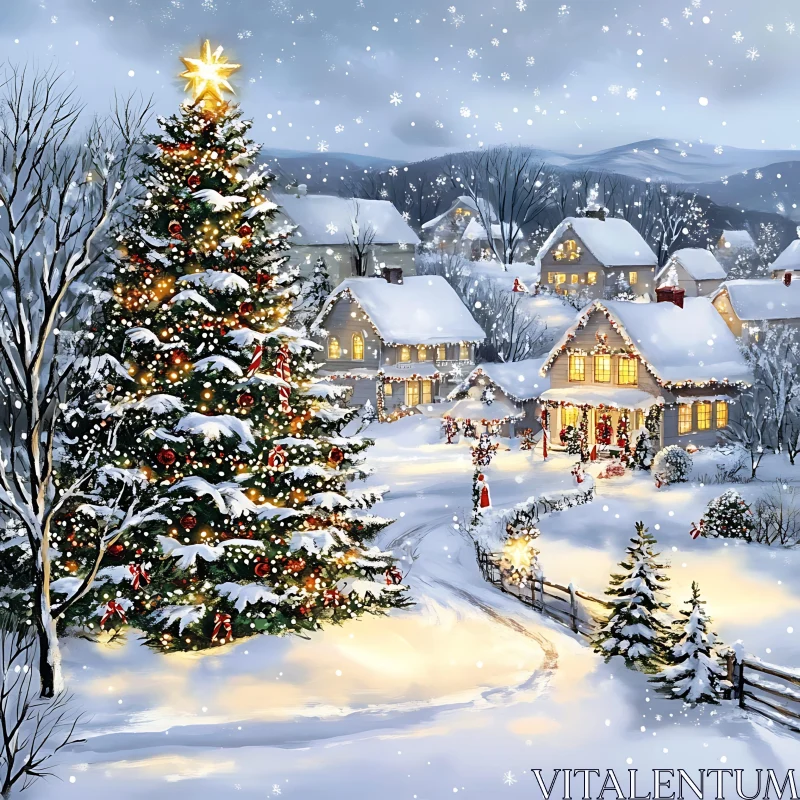 Picturesque Winter Wonderland in a Snowy Village AI Image