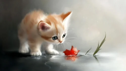 Curious Kitten Stares at Red Leaf on Water