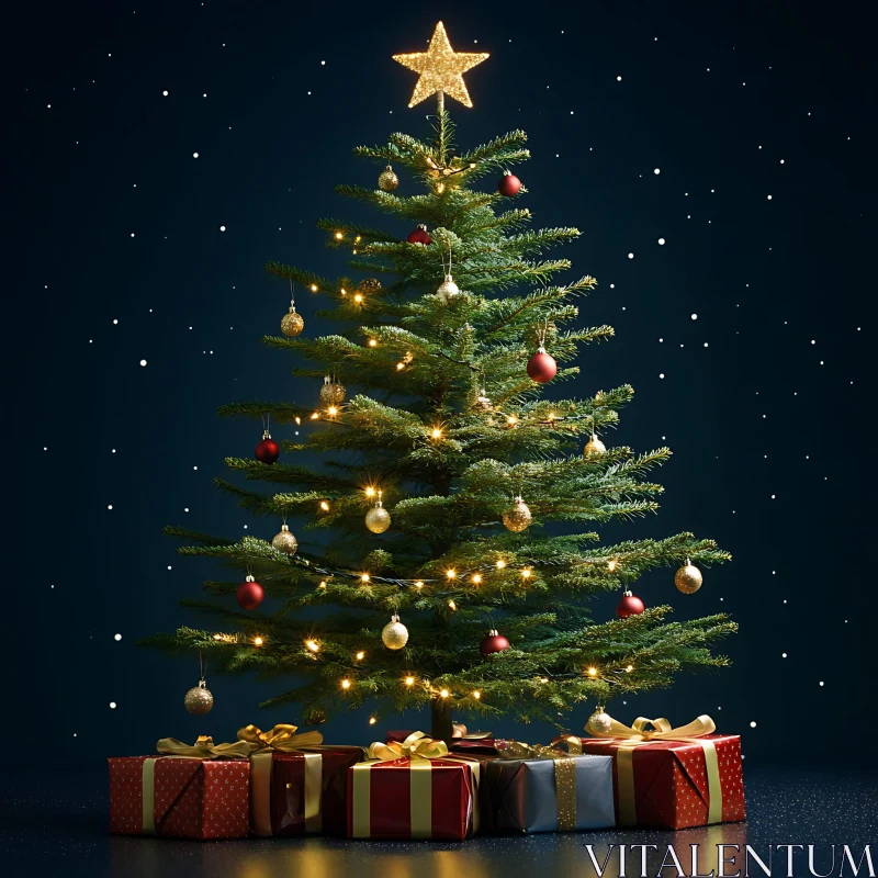 Festive Christmas Tree with Star and Wrapped Presents AI Image