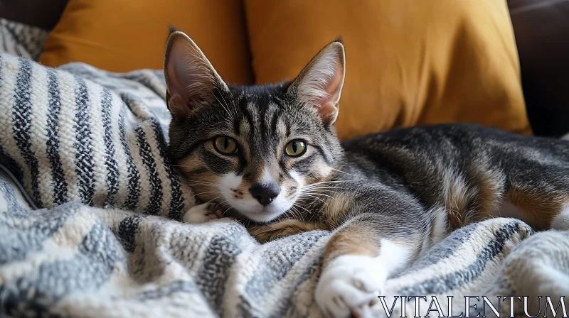 Relaxed Cat Resting on Cozy Blanket AI Image