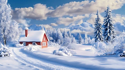 Tranquil Red Cabin in Winter Wonderland