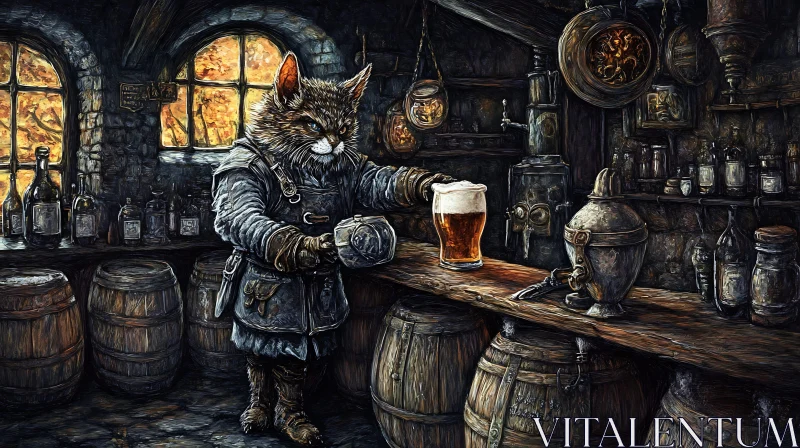 Medieval Tavern Scene with Cat Bartender AI Image