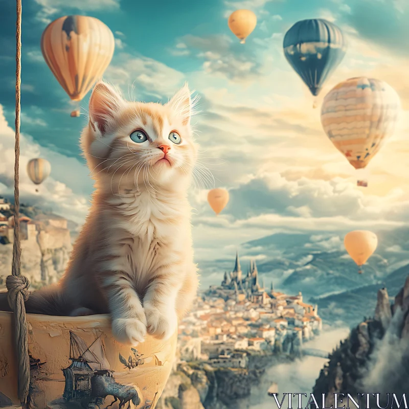 AI ART Dreamlike Scene With Kitten and Hot Air Balloons