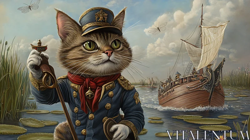 AI ART Fantastical Cat Captain with Spyglass and Wooden Ship