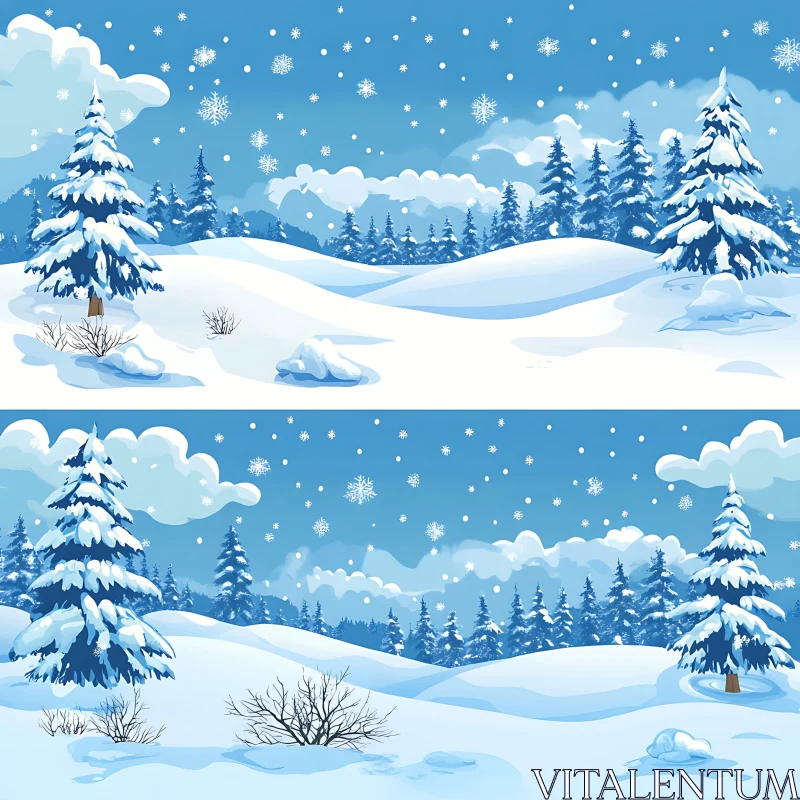 Peaceful Winter Scene with Snow-Covered Trees and Hills AI Image