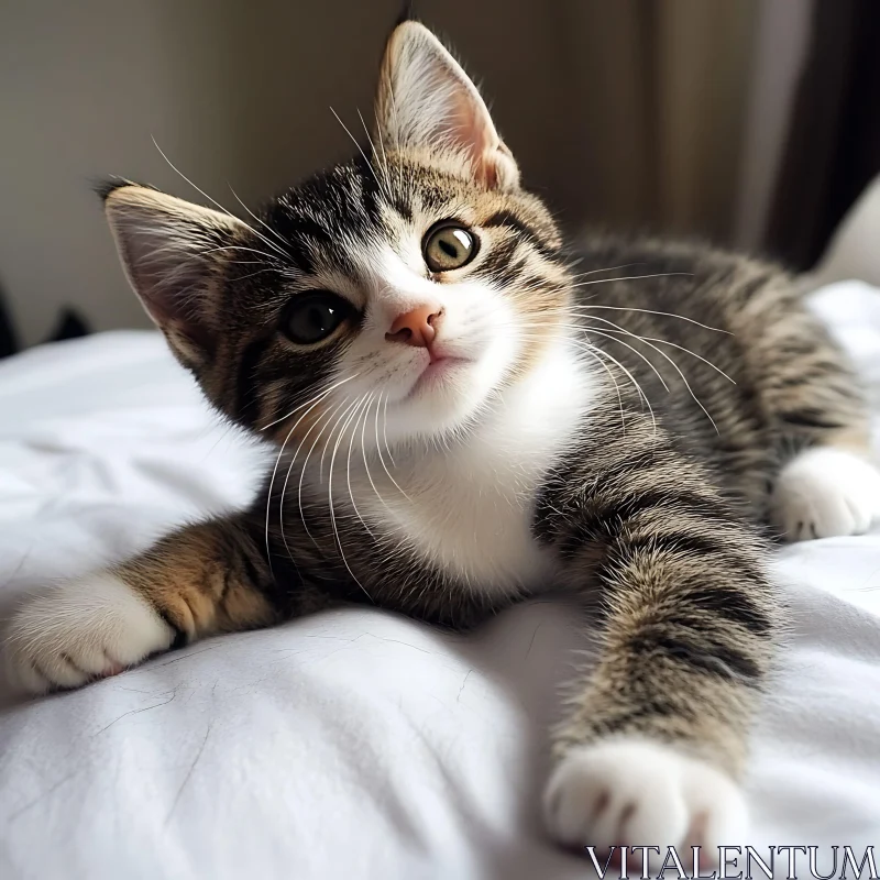 Cute Kitten Lounging on Bed AI Image