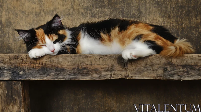 Tranquil Calico Cat Napping on Wood AI Image