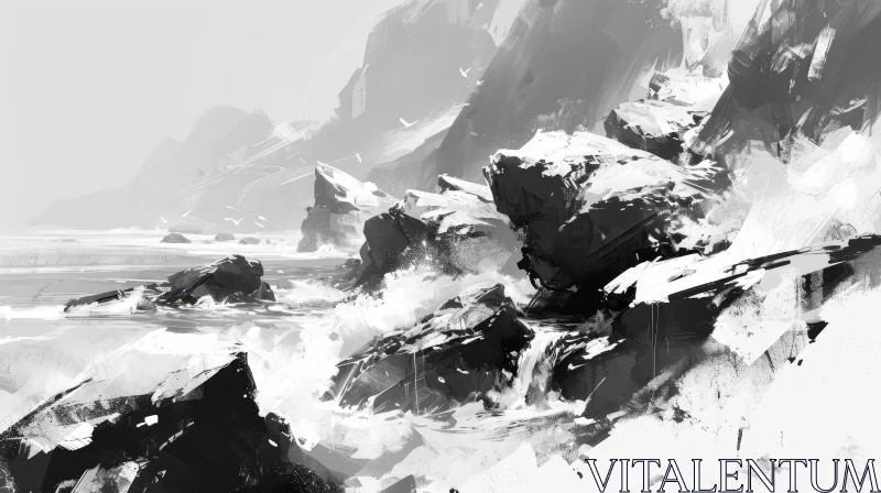 Black and White Painting of a Rocky Coast with Crashing Waves AI Image