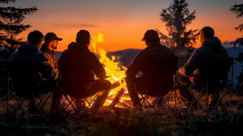 Campfire Sunset Scene with Men Relaxing Outdoors