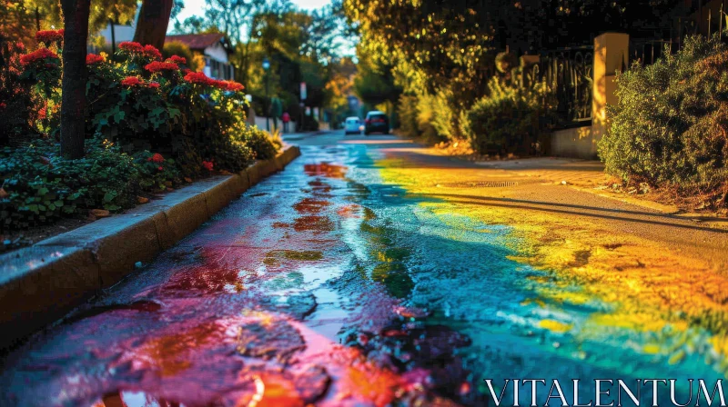 Captivating Rainbow-Colored Puddle on a Serene Street AI Image