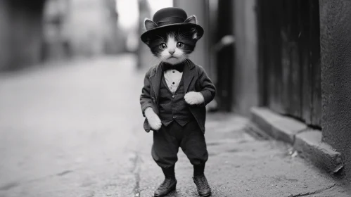 Kitten in Bowler Hat Standing on Street