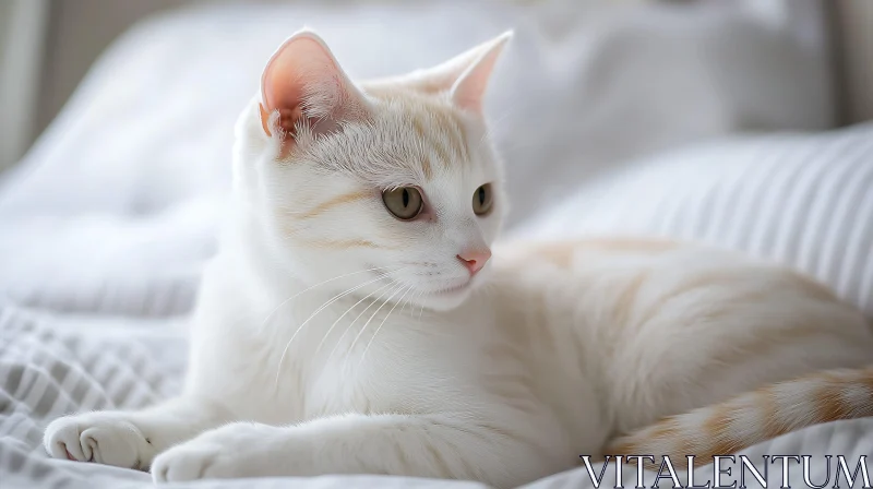 Tranquil White Cat Lounging on Bedding AI Image