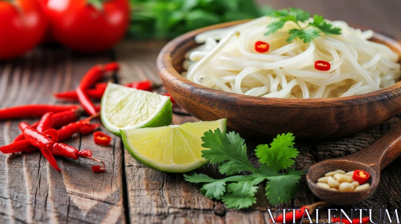 AI ART Delicious Bowl of Noodles with Chopsticks and Lime on Wooden Table