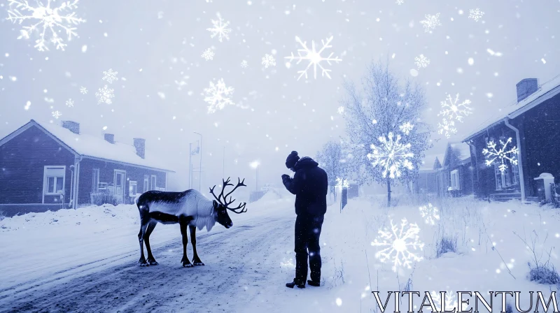 Frosty Morning with Reindeer in Snow-Covered Street AI Image