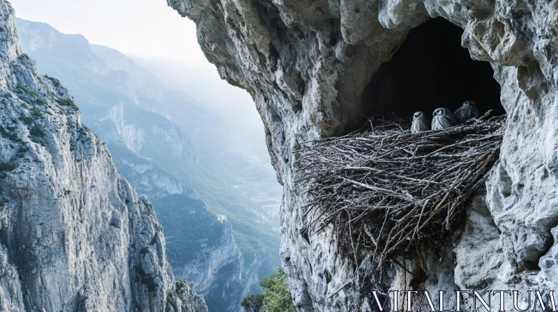 Owls in Cliffside Habitat with Mountain Scenery AI Image