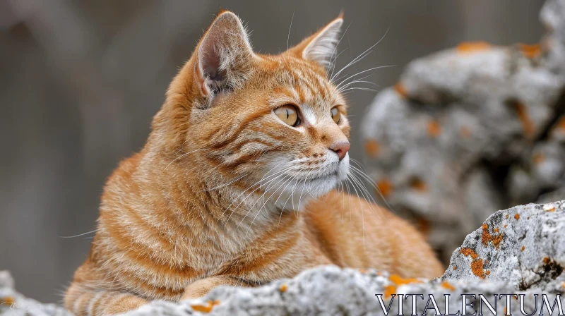 Ginger Cat Portrait on Rock AI Image