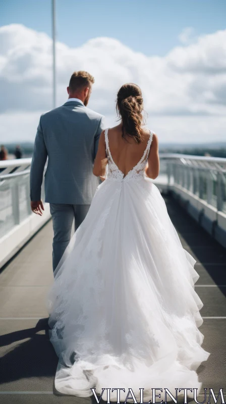 Newlyweds Walking on Bridge - City Centre Wedding Moment AI Image