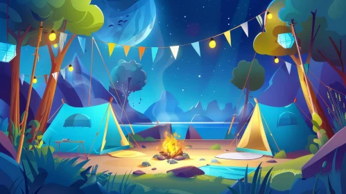 Night Camping Site with Tents and Campfire