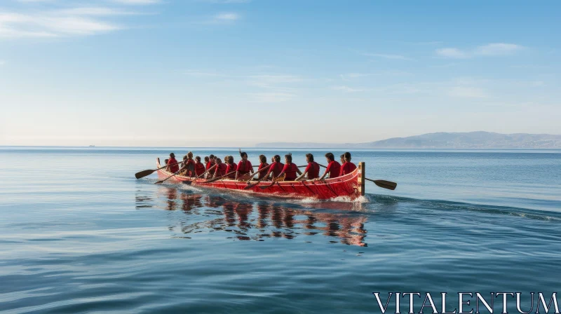 Red Canoe Paddling Group in Calm Blue Ocean AI Image