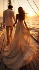 Romantic Academia Wedding: Bride and Groom on Sunset Boat