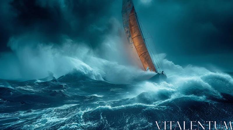 Sail Boat Sailing Through Stormy Seas - Epic Portraiture AI Image