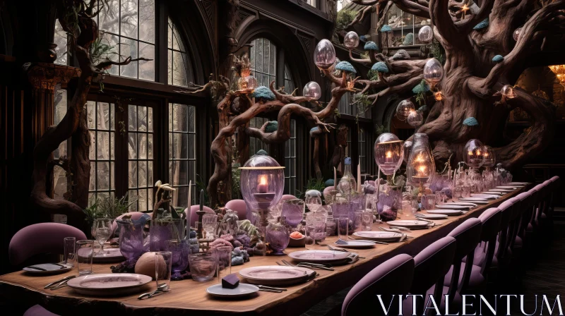 AI ART Surreal Dinner Setting with Purple Florals and Nature-Inspired Installations