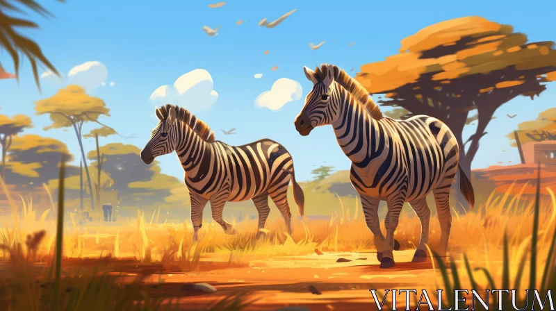 AI ART Zebras in Grassy Field - Digital Painting