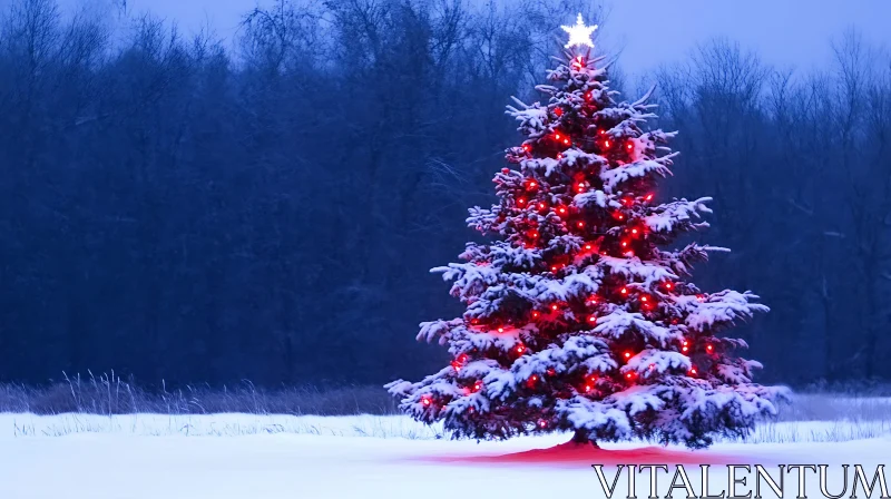 Festively Decorated Christmas Tree in Winter Landscape AI Image