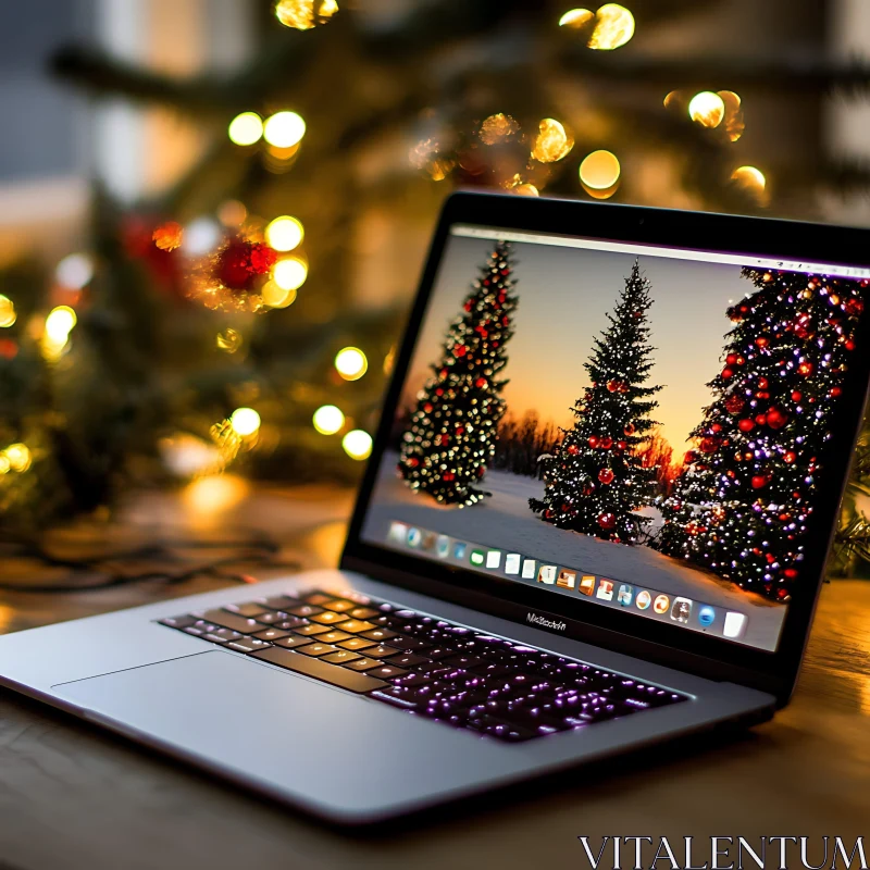 Festive Laptop Display with Holiday Lights AI Image