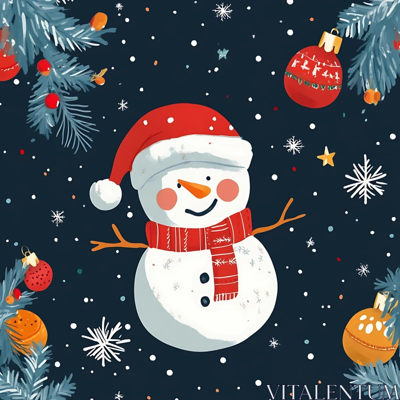 Holiday Snowman with Ornaments and Snowflakes AI Image