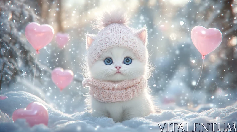 AI ART Charming Winter Kitten with Pink Hat and Balloons