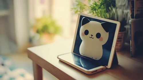 Adorable Cat Cartoon on Tablet Display