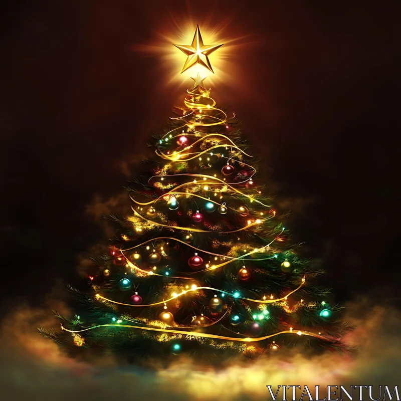 Illuminated Christmas Tree with Festive Decor AI Image