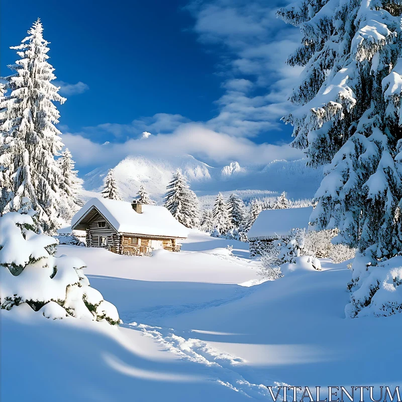 Serene Snowy Cabin and Mountain Background AI Image