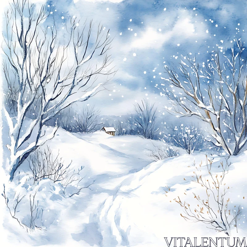 AI ART Peaceful Snowy Scene with Barren Trees and Cabin