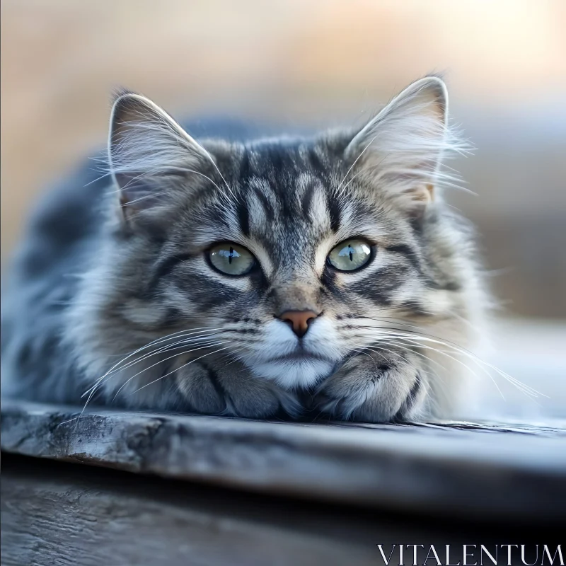 Fluffy Cat Close-Up on Wooden Surface AI Image