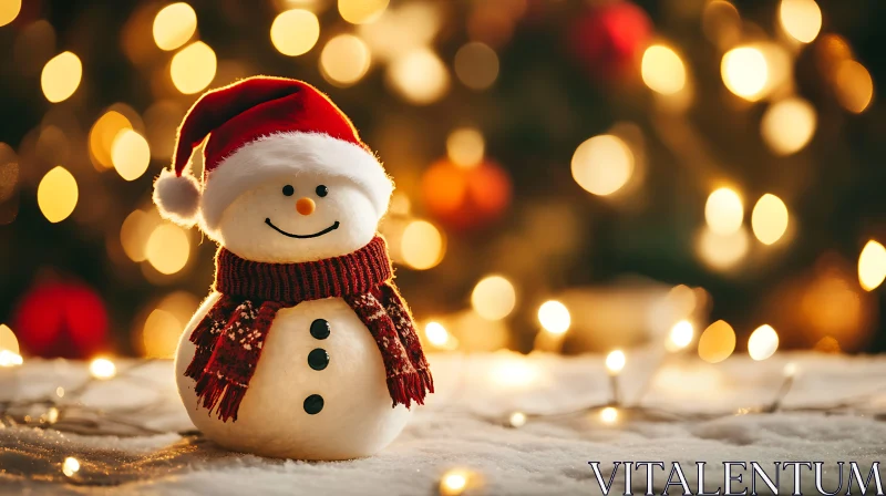 Festive Snowman with Santa Hat and Bokeh Lights AI Image