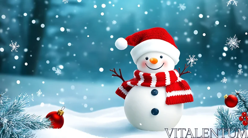 Snowman with Santa Hat and Snowflakes AI Image