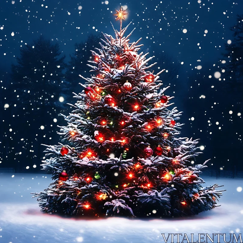 Festive Christmas Tree Adorned with Lights and Ornaments AI Image