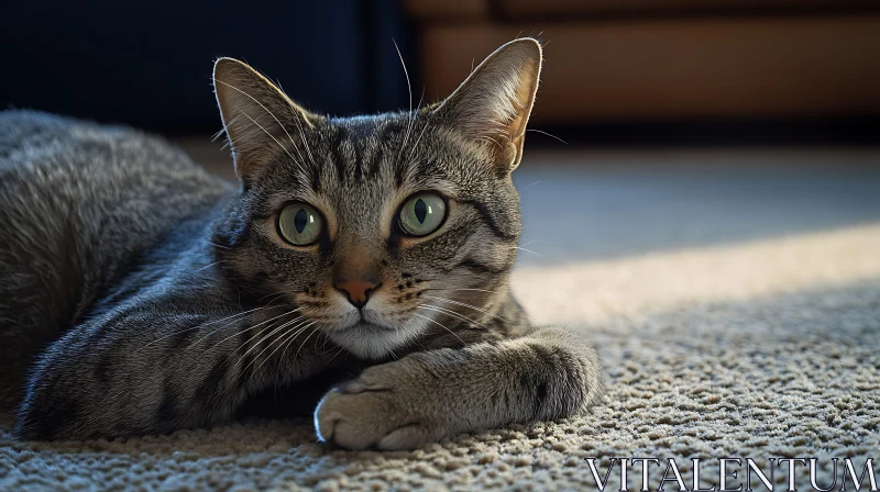 Green-Eyed Tabby Cat Relaxing Indoors AI Image