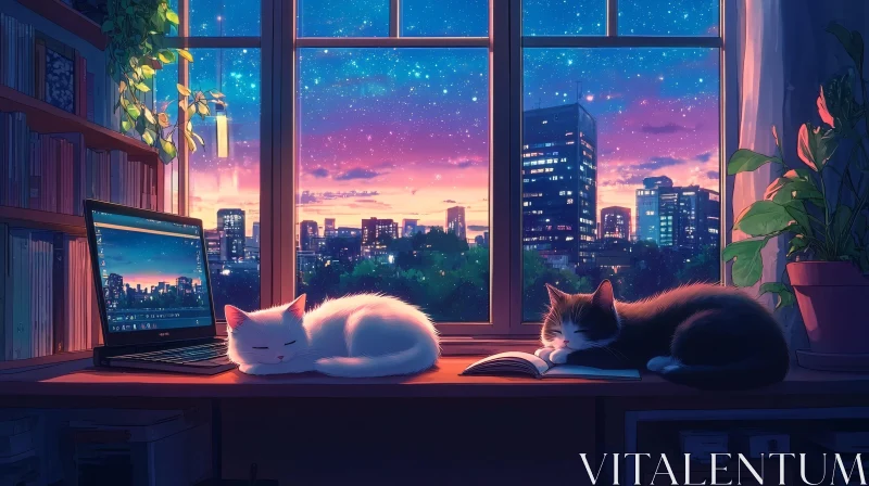 AI ART Serene Cats napping in Cozy Interior with Urban View and Starry Sky