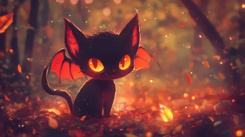 Mystical Black Cat with Bat Wings