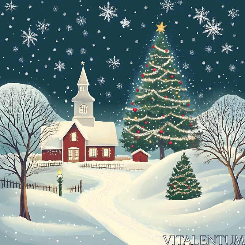 Festive Christmas Church and Tree in Snowy Landscape AI Image