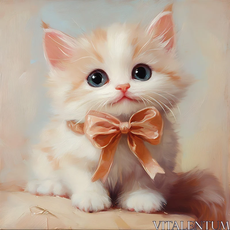 Cute Fluffy Kitten with Big Eyes and Orange Bow AI Image