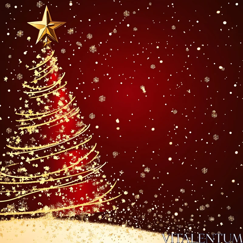 Golden Christmas Tree with Red Background AI Image